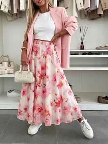 SHEIN Franclia 碎花高腰A字裙，白色底，粉色扎染花朵，轻盈飘逸，浪漫优雅，适合春夏外出或约会。 - 彩色 - 查看 5