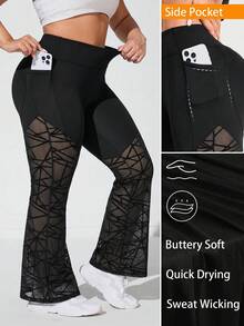 SHEIN Rhythm Era Plus-Size Women's High-Waisted Geometric Mesh Flared Sweatpants - Black - View 1