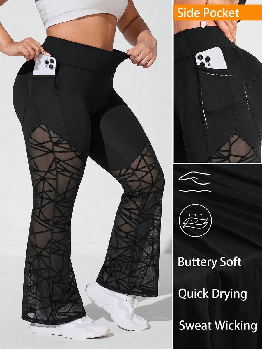 SHEIN Rhythm Era Plus-Size Women's High-Waisted Geometric Mesh Flared Sweatpants - Black - View 1