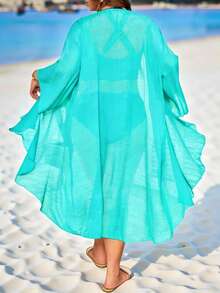 Swim Lushoire Plus Size Women's Solid Black Kimono Style Lightweight Loose Beach Cover Up, Mature & Minimalist Design - Teal Blue - View 2