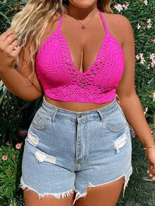 SHEIN MOOSTA Plus Size Women Handmade Crochet Neck Tie Beach Cover Up Knitted Cover Up For Summer Beach Vacation - Hot Pink - View 1