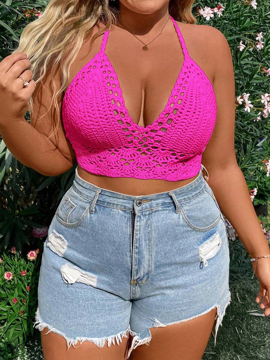 SHEIN MOOSTA Plus Size Women Handmade Crochet Neck Tie Beach Cover Up Knitted Cover Up For Summer Beach Vacation - Hot Pink - View 1