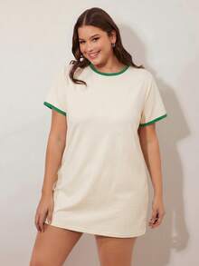 SHEIN BASICS 大码夏季休闲撞色滚边迷你连衣裙 - 綠色 - 查看 4