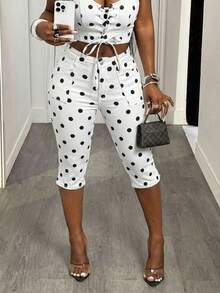 Slaydiva Quần jeans nữ cạp thấp in họa tiết chấm bi - Đen và trắng - Xem 5
