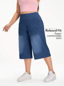 Flexra Quần jean denim dáng casual đường phố, cạp chun co giãn dành cho nữ cỡ lớn, mùa hè. - Rửa tối - Xem 4