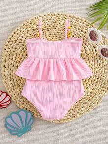 SHEIN Holiday Baby Girl One-Piece Swimsuit,Cute Polyester Ruffle Trim Swimwear With Seashell,Fashionable Frilled Monokini Bathing Suit For Young Girls - Coral Pink - View 2