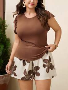 SHEIN LUNE Bộ đồ 2 mảnh cỡ lớn: Áo cổ tròn màu trơn và quần short thắt lưng in hoa. - Màu Khaki - Xem 5