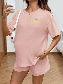 Lyckli Maternity Lemon Embroidery Short Sleeve T-Shirt And Shorts Casual 2 Pieces Set - Pink - View 4