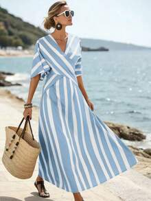 SHEIN Holidaya 女士黄色条纹宽松度假春夏V领修身蝙蝠袖连衣裙，适合度假、休闲、居家和日常活动 - 薄荷藍 - 查看 7