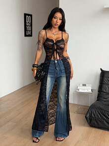 Coolane 女士夏季音乐节街头风 Y2K 度假休闲装扮 西式蕾丝弹力吊带无袖长款薄纱罩衫 - 黑色 - 查看 6