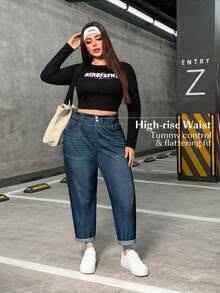 SHEIN Unity 大码女式带口袋纽扣休闲百搭日常牛仔裤 - 霧霾藍 - 查看 6