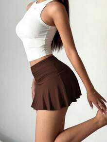 INAWLY Solva Women's Solid Color Pleated Fashionable Versatile Mini Skirt - Coffee Brown - View 4