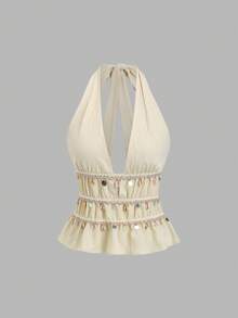 SHEIN Sweetro Bộ đồ nữ phong cách Bohemian màu mơ gồm áo hai dây cổ chữ V, dây mảnh đính sequin hình vỏ sò và quần ống rộng thoải mái, đa năng, thích hợp cho mùa xuân/hè. - Màu be - Xem 3