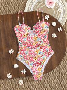 Swim Lushoire Áo tắm liền thân cổ chữ U kẻ sọc mới dành cho nữ - Hồng - Xem 5