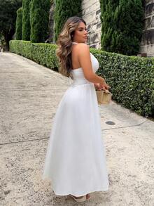 Maria Perezxox 优雅 V 领挂脖长裙，白色，度假风格 - 白色 - 查看 5