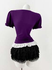 Sunspun Áo thun ngắn tay phối chấm bi cổ điển, áo cổ tròn đa năng tôn dáng với tay phồng, áo crop top đen ôm sát gợi cảm, áo thun phối chấm bi nghệ thuật dành cho nữ, áo tank top không tay đa năng. - Màu tím - Xem 2
