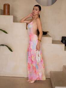 Andrea Bello Romantic Date Night/Vacation Floral Print Mesh Backless Maxi Dress For Women, Spring/Summer Party - Multicolor - View 6