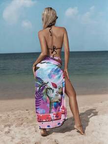 SHEIN Swim Tropical Print Knot Side Cover Up Skirt,Summer Beach - Multicolor - View 2