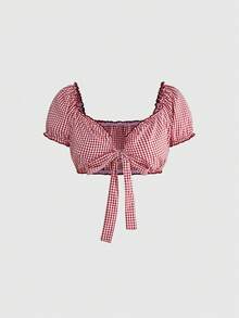 Sweetness Áo croptop tay raglan thắt nơ phía trước họa tiết kẻ caro dành cho nữ - Đỏ - Xem 1