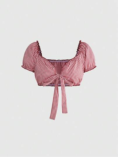 Sweetness Áo croptop tay raglan thắt nơ phía trước họa tiết kẻ caro dành cho nữ
