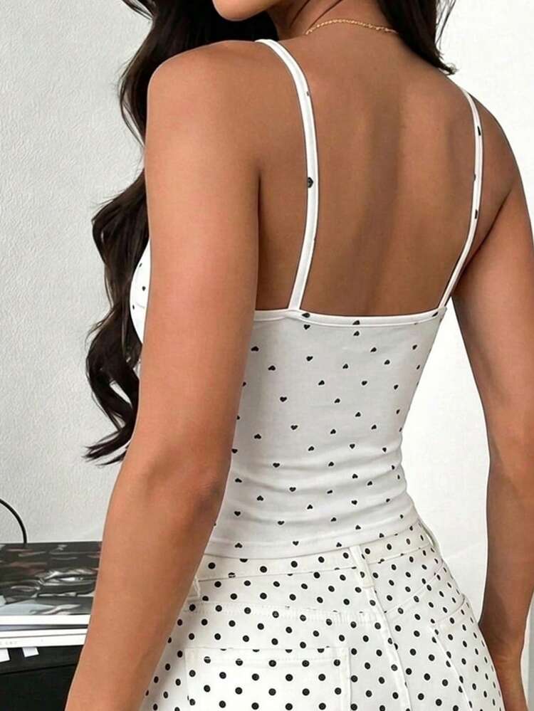 Heart Print Sleeveless Camisole Top With Padded Bust, Summer Outfit For Women