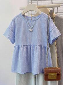 SHEIN EZwear 大码女式条纹宽松圆领短袖衬衫 - 藍白色 - 查看 10