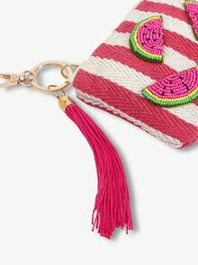 Viva Strut 1pc Fashionable, Simple, Personalized And Fun, Spring And Summer Vacation Wind, Rose Red Striped Handmade Fruit, Watermelon Beads, Fringed Keychain, Change Bag, Spring And Summer Vacation Beach Seaside, Best Gift Giving - Rose red and white - View 6