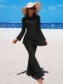 SHEIN Swim Mulvari 2026春夏女士沙滩连衣裙，中东泳装，女士比基尼，两件套，优雅浪漫荷叶边下摆沙滩度假连衣裙，套头喇叭袖长袖连衣裙上衣，高腰喇叭裤，荷叶边下摆，多色可选，黑色，性感奢华，优雅知性，浪漫度假，2026春夏新款，新年，情人节，返校季，旅行季，适合度假、海滩、下午茶野餐、派对、日常穿着、休闲、户外运动，时尚套装 - 黑色 - 查看 1
