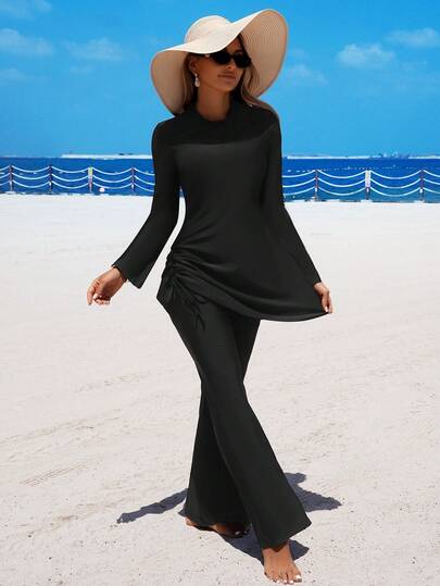 Swim Mulvari Women's Black Summer Modest Beach Vacation Holiday 2 Pieces Set, Elegant Ruffled Hem Long Sleeve Top & High Waist Flare Leg Pants Resort Wear Outfit