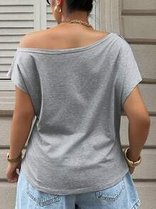 Dazy Plus Plus Size Women's Casual Off-Shoulder Ruched Fitted Short Sleeve T-Shirt, Spring/Summer Holiday - Grey - View 4
