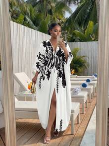 SHEIN Lady CURVE Đầm nữ cỡ lớn in họa tiết cây cỏ, xẻ tà, kiểu dáng thường ngày, thích hợp cho kỳ nghỉ. - Nhiều màu - Xem 3