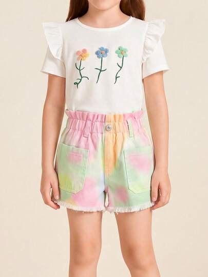 少女扎染牛仔短裤 夏季新款 休闲可爱风 彩色毛边纸袋裤 松紧腰 大口袋 宽松舒适 精梳棉牛仔布 日常百搭 夏季外出度假装