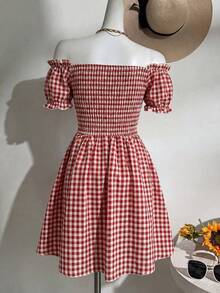 Glamine Charm Gingham Off Shoulder Mini Dress Cottagecore Picnic Dress Coquette Ribbon A-Line Dress Summer Vintage Casual Dress Classic Gingham Check Print Off Shoulder Bardot Neckline Flare A-Line Skater Hem Outdoor Garden Picnic Casual Daily Outing Romantic Date Appointment Beach Holiday Trip Spring Festival Event Summer Sweet Feminine - Red and White - View 3