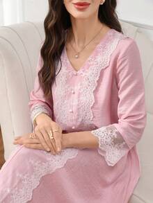 SHEIN Najma 蕾丝边V领优雅宽松穆斯林长裙 - 粉色 - 查看 6