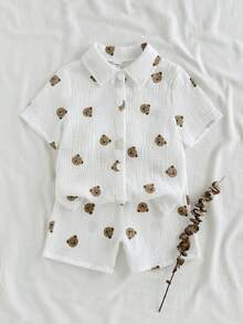 SHEIN Bộ 2 món áo sơ mi và quần short dệt kim kẻ sọc cho bé trai - trắng - Xem 9