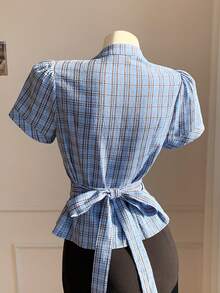 Comfortcana 春夏新款女式格子宽松短袖收腰衬衫，适合音乐节、酷炫、街头、复古、Y2K、休闲和校园风格。 - 藍色 - 查看 2