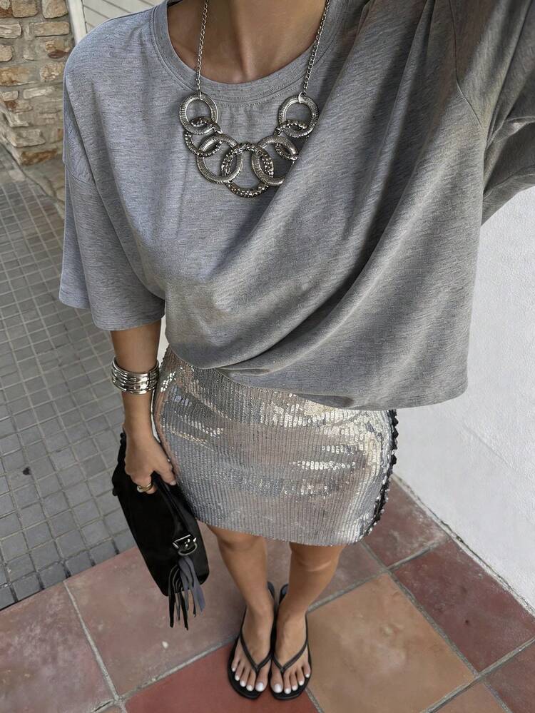 Women's Grey Loose Fit All-Match Casual T-Shirt, Suitable For Spring And Summer