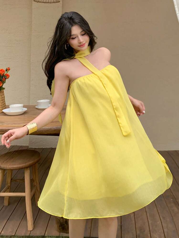 Yellow,Summer,Tropical,Garden Party,Vacation,Holiday Spring & Summer Halter Dress With Tie Design,Slim Fit Elegant A-Line Short Sun Dresses For Women