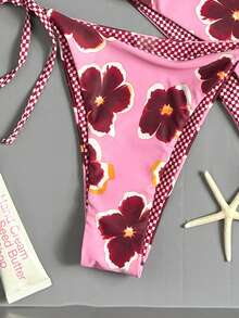 Swim Mod 3pcs/Set Pink Summer Tropical Beach Vacation Holiday Knitted Floral Print Swimwear Set, Elegant Plaid Spaghetti Strap Triangle Cup Bikini Set, Bandeau - Multicolor - View 3