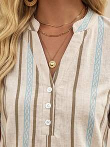 EMERY ROSE Women's Casual Boho Loose V-Neck 3/4 Sleeve Shirt, Summer, Suitable For Daily Wear And Outings, Blue And White Striped Design Vacation - Khaki - View 8