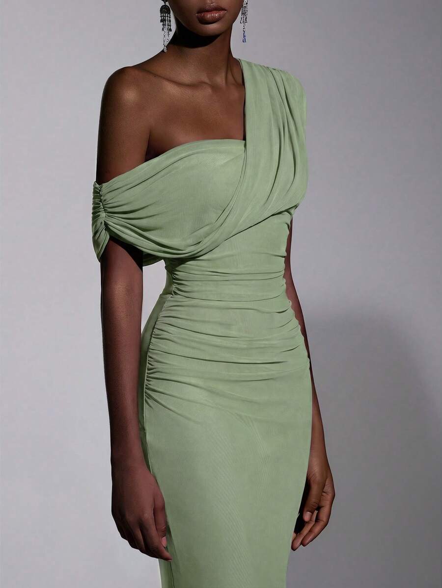 Elitara 2025 New Elegant Mesh One Shoulder Ruched Fitted Maxi Dress, Suitable For Weddings, Formal Events, Bridesmaid Dresses - Mint Green - View 1