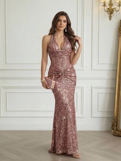 Modelyn 优雅亮片装饰长袖连衣裙，高端宴会礼服