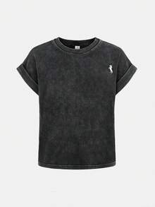 SHEIN Conjunto informal de 2 piezas de niña preadolescente con cuello redondo y manga corta de punto - Negro - Ver 5