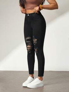SHEIN ICON Jeans pitillo con bolsillos y cremallera para mujer - Negro - Ver 3