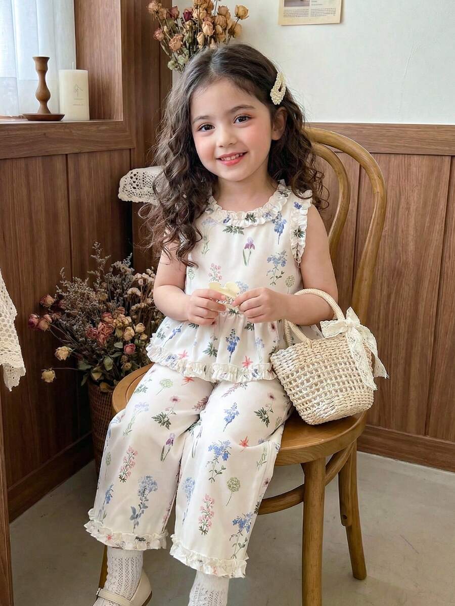 Vintaside Kids Young Girls' Sleeveless Floral Decorated Top And Pants Set, Sweet And Fresh Style, Suitable For Daily Outings, Casual Gatherings, Vacations