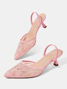 CUCCOO HITCHD 女款四季珍珠串珠刺繡網格元素尖頭細高跟鞋 氣質時尚性感 Slingback 綁帶穆勒鞋 露跟高跟涼鞋 婚禮下午茶派對情人節伴娘新娘婚鞋 優雅穿搭 - 粉色 - 查看 6