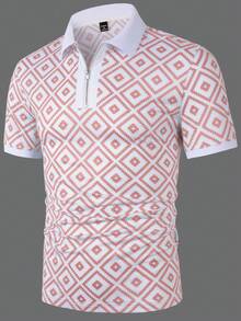 Manfinity Homme Polo a maniche corte da uomo con stampa geometrica e design con chiusura lampo - Rosa - Visualizzare 5