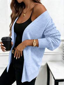 EMERY ROSE Light Apricot Casual Loose Fit Cardigan, Long Sleeve, Minimalist Design, Suitable For Spring And Autumn - Blue - View 4