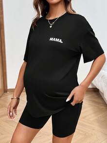 SHEIN Setelan Ibu Hamil 2 Potong Kasual untuk Pemotretan Musim Panas, Kaos Lengan Pendek dan Celana Pendek dengan Motif Huruf - Hitam - View 8