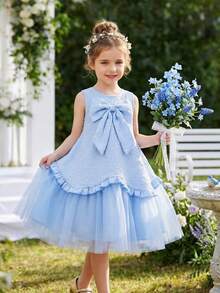Elladie kids 夏季女童藍色花朵花童裙，無袖刺繡薄紗A字公主裙附大蝴蝶結，優雅小女孩生日派對外出穿著服飾 - 藍色 - 查看 5